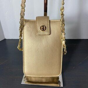 Gold Genuine Leather Mini Crossbody Bag – Chain Strap – Pebbled Leather